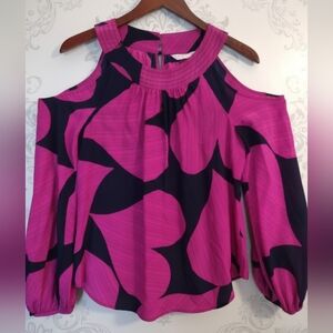 Trina Turk 100% Silk Cold Shoulder Blouse Pink Navy Geometric Print Size M